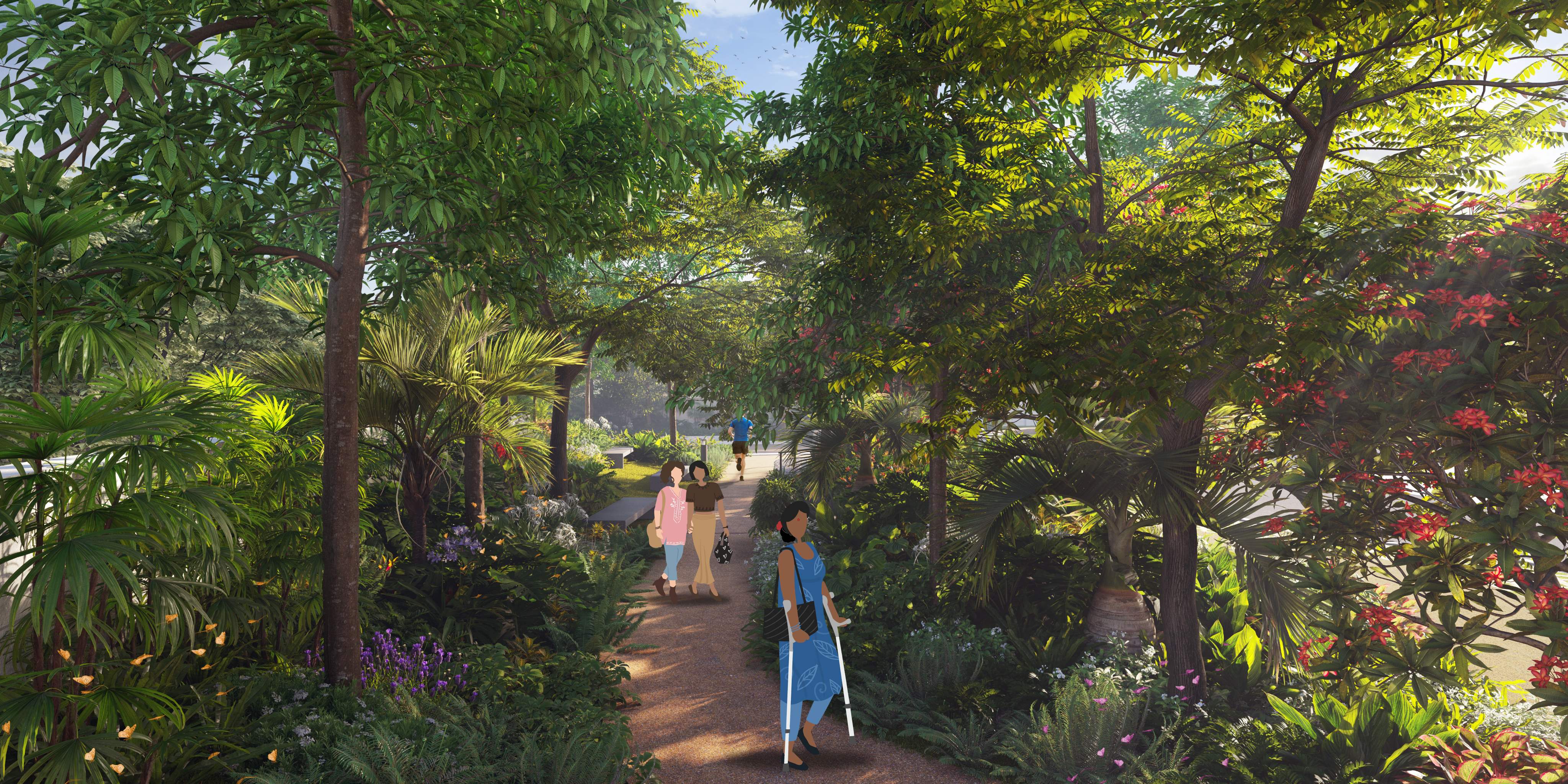 Pictured in the image is a lush garden with a smooth pavement in its midst. Captured in the frame and accessing the pavement is a person with a crutch and two people walking hand-in-hand right behind. In the distance a person is running in the opposite direction. 