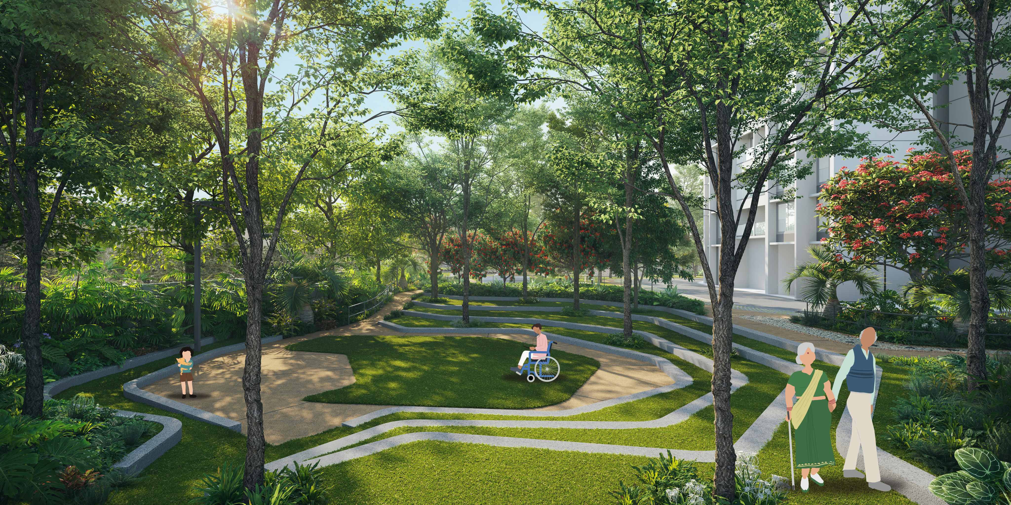 Pictured in the image is an amphitheatre surrounded by trees and lush greenery. A child is playing with a cat in her arms, a person on a wheelchair is on their phone with earphones plugged in, and two older adults, one with a stick, are walking hand in hand.